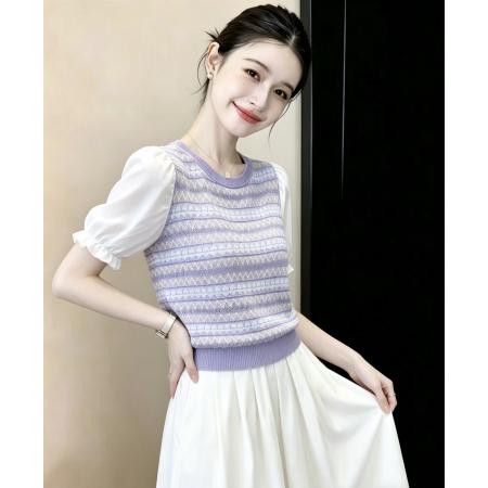 BY21042# 冰丝针织短袖t恤女装夏装泡泡袖宽松百搭条纹上衣 服裝批發女裝批發服飾貨源