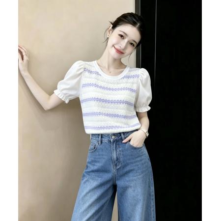 BY21042# 冰丝针织短袖t恤女装夏装泡泡袖宽松百搭条纹上衣 服裝批發女裝批發服飾貨源