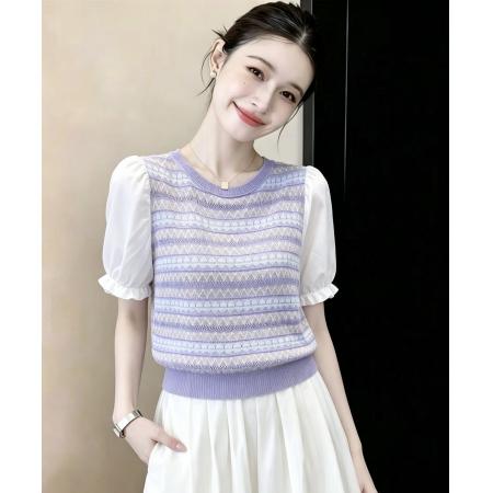 BY21042# 冰丝针织短袖t恤女装夏装泡泡袖宽松百搭条纹上衣 服裝批發女裝批發服飾貨源