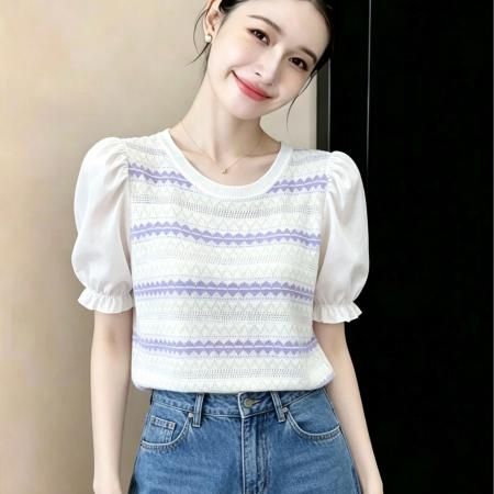 BY21042# 冰丝针织短袖t恤女装夏装泡泡袖宽松百搭条纹上衣 服裝批發女裝批發服飾貨源