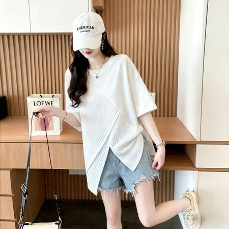 BY21044# 纯棉夏季不规则拼接开叉宽松短袖T恤女 服裝批發女裝批發服飾貨源
