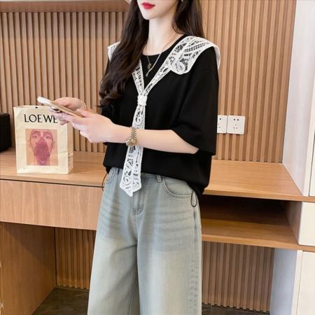 BY21047# 百棉夏季蕾丝娃娃领短款短袖t恤女刺绣T恤上衣 服裝批發女裝批發服飾貨源
