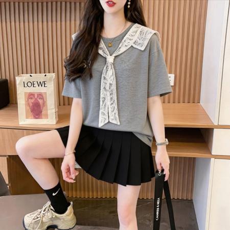 BY21047# 百棉夏季蕾丝娃娃领短款短袖t恤女刺绣T恤上衣 服裝批發女裝批發服飾貨源