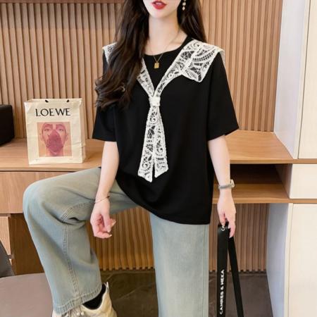 BY21047# 百棉夏季蕾丝娃娃领短款短袖t恤女刺绣T恤上衣 服裝批發女裝批發服飾貨源