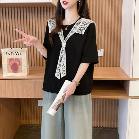 BY21047# 百棉夏季蕾丝娃娃领短款短袖t恤女刺绣T恤上衣 服裝批發女裝批發服飾貨源