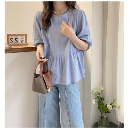BY21050# 泡泡袖褶皱A字衬衫女欧洲站夏装新款欧货女装时尚洋气小衫潮 服裝批發女裝批發服飾貨源