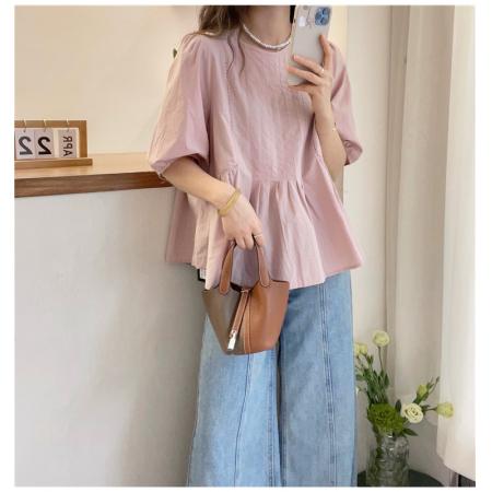 BY21050# 泡泡袖褶皱A字衬衫女欧洲站夏装新款欧货女装时尚洋气小衫潮 服裝批發女裝批發服飾貨源