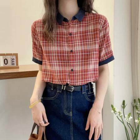 BY21054# 红色格子翻领短袖衬衫女欧洲站夏装新款欧货女装A字娃娃衫潮 服裝批發女裝批發服飾貨源