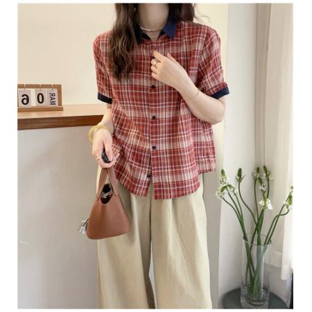 BY21054# 红色格子翻领短袖衬衫女欧洲站夏装新款欧货女装A字娃娃衫潮 服裝批發女裝批發服飾貨源
