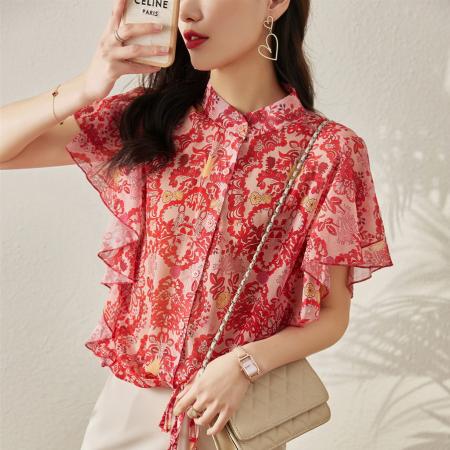 BY21058# 雪纺衫女短袖夏季新款洋气韩版宽松印花超仙遮肚子上衣 服裝批發女裝批發服飾貨源