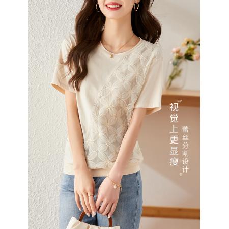 BY21060# 熙世界月光琉璃圆领蕾丝上衣女短袖夏季新款浪漫气质体恤衫设计感 服裝批發女裝批發服飾貨源