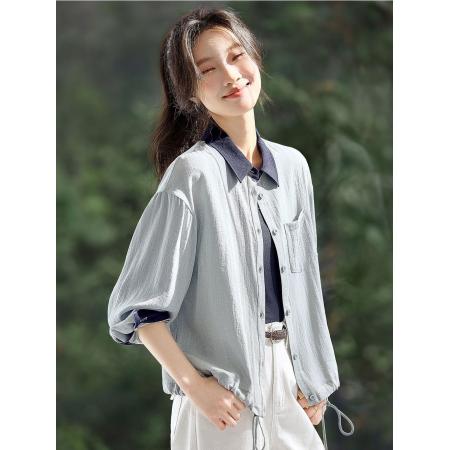 BY21064# 春新款撞色拼接翻领松紧下摆宽松薄款衬衫式外套女 服裝批發女裝批發服飾貨源