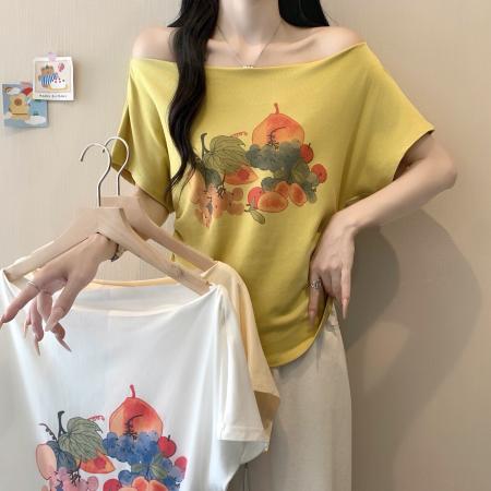 BY21066# 大码女装一字领露肩短袖t恤女设计感收腰斜肩上衣 服裝批發女裝批發服飾貨源