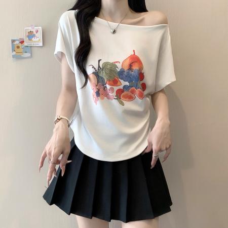 BY21066# 大码女装一字领露肩短袖t恤女设计感收腰斜肩上衣 服裝批發女裝批發服飾貨源
