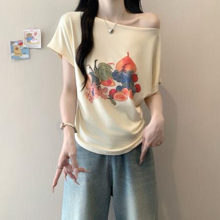 BY21066# 大码女装一字领露肩短袖t恤女设计感收腰斜肩上衣 服裝批發女裝批發服飾貨源