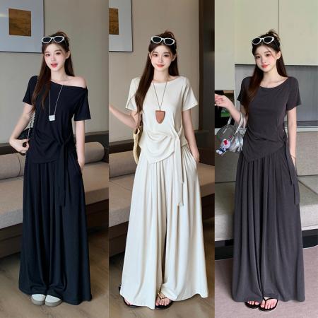 BY21067# 大码女装夏季新款收腰系带短袖上衣垂感阔腿裤显瘦套装 服裝批發女裝批發服飾貨源