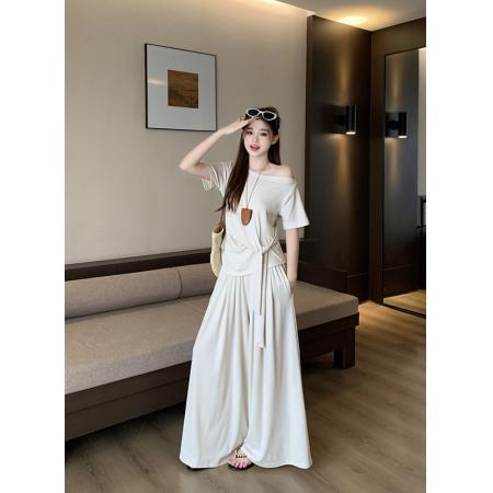BY21067# 大码女装夏季新款收腰系带短袖上衣垂感阔腿裤显瘦套装 服裝批發女裝批發服飾貨源