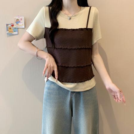 BY21068# 大码女装夏季新款吊带T恤假两件短袖上衣显瘦T恤 服裝批發女裝批發服飾貨源