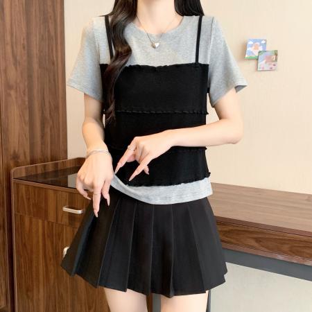 BY21068# 大码女装夏季新款吊带T恤假两件短袖上衣显瘦T恤 服裝批發女裝批發服飾貨源