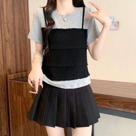 BY21068# 大码女装夏季新款吊带T恤假两件短袖上衣显瘦T恤 服裝批發女裝批發服飾貨源