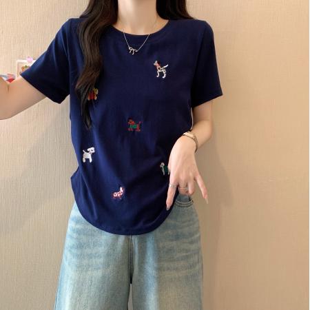 BY21070# 大码女装新款设计感小狗刺绣短袖T恤女 服裝批發女裝批發服飾貨源