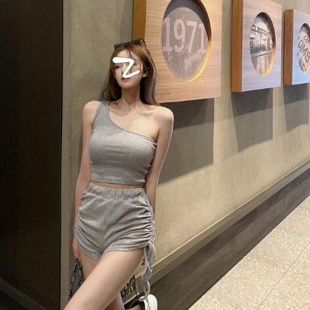BY21072# 性感单肩短款t恤上衣+阔腿短裤套装女夏季背心五分热裤休闲两件套 服裝批發女裝批發服飾貨源