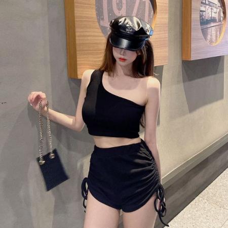 BY21072# 性感单肩短款t恤上衣+阔腿短裤套装女夏季背心五分热裤休闲两件套 服裝批發女裝批發服飾貨源