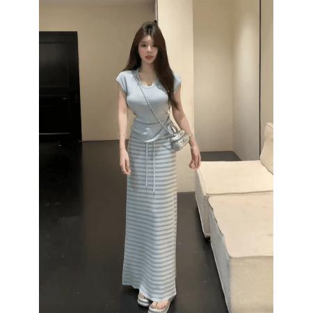 BY21080# 针织条纹半身裙套装女夏季插肩袖T恤上衣高腰包臀长裙两件套 服裝批發女裝批發服飾貨源