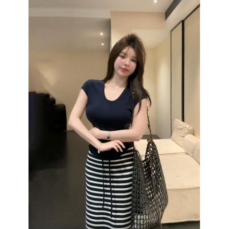 BY21080# 针织条纹半身裙套装女夏季插肩袖T恤上衣高腰包臀长裙两件套 服裝批發女裝批發服飾貨源
