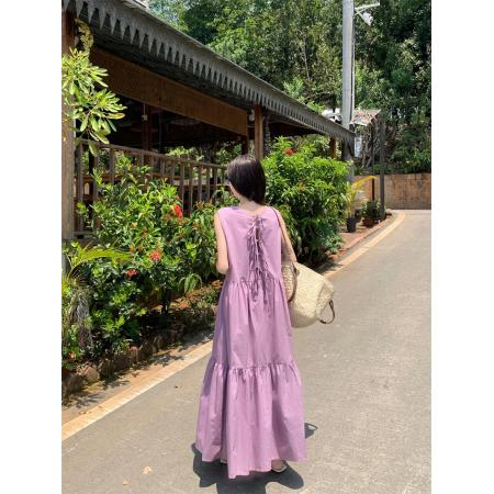 BY21091# 系带蝴蝶结露背长款无袖连衣裙 服裝批發女裝批發服飾貨源