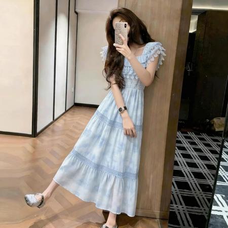 BY21100# 法式复古蓝色碎花连衣裙女夏季新款独特漂亮绝美高级感度假风长裙 服裝批發女裝批發服飾貨源