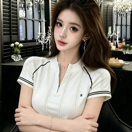 BY21115# 复古针织短袖T恤女韩版夏修身显瘦拉链撞色上衣 服裝批發女裝批發服飾貨源