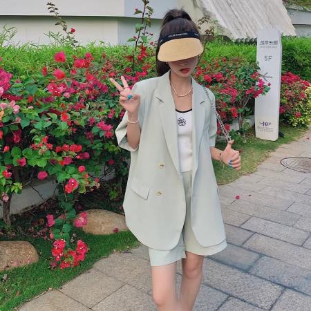 BY21125# 休闲时尚短裤西装套装夏季女新款高级感小个子减龄小众两件套 服裝批發女裝批發服飾貨源