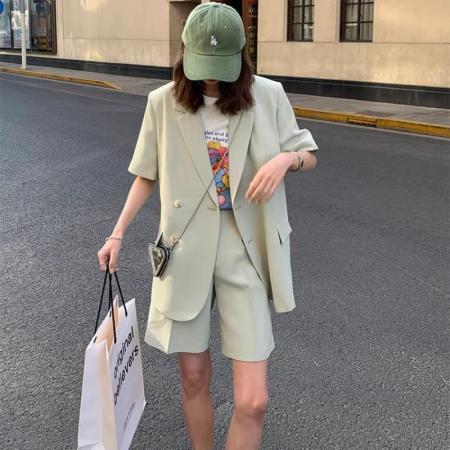 BY21126# 薄款短袖小西装套装女夏季新款休闲设计感小众西服外套两件套 服裝批發女裝批發服飾貨源