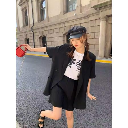 BY21126# 薄款短袖小西装套装女夏季新款休闲设计感小众西服外套两件套 服裝批發女裝批發服飾貨源