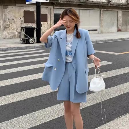 BY21126# 薄款短袖小西装套装女夏季新款休闲设计感小众西服外套两件套 服裝批發女裝批發服飾貨源