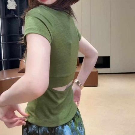 BY21127# 夏季收腰显瘦后背镂空设计感短袖时尚纯色T恤 服裝批發女裝批發服飾貨源