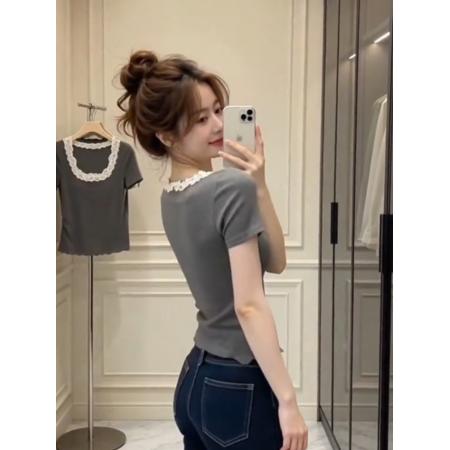 BY21128# 正肩灰色U领修身显瘦短袖t恤女设计感蕾丝花边拼接收腰半袖上衣夏 服裝批發女裝批發服飾貨源