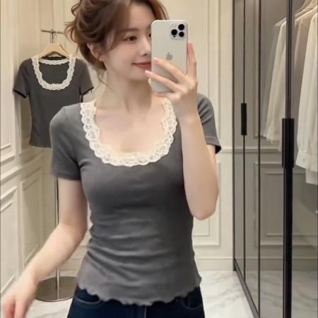 BY21128# 正肩灰色U领修身显瘦短袖t恤女设计感蕾丝花边拼接收腰半袖上衣夏 服裝批發女裝批發服飾貨源