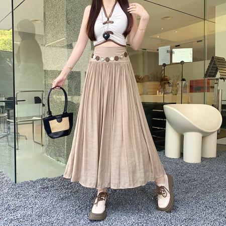 BY21139# 夏新款亚麻裙色系超美清冷感天丝皱麻收腰肌理半身长裙 服裝批發女裝批發服飾貨源