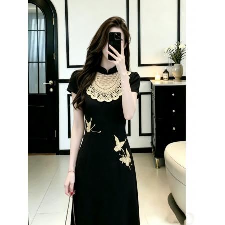 BY21155# 大码女装夏新款复古中式改良旗袍拼接连衣裙洋气显瘦过膝长裙 服裝批發女裝批發服飾貨源