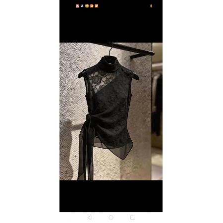 BY21161# 夏季法式高级感黑色无袖蕾丝上衣女大码设计感系带内搭打底衫 服裝批發女裝批發服飾貨源