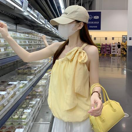 BY21164# 夏季新款韩系甜美减龄度假风小众斜肩背心女宽松显瘦百搭上衣 服裝批發女裝批發服飾貨源