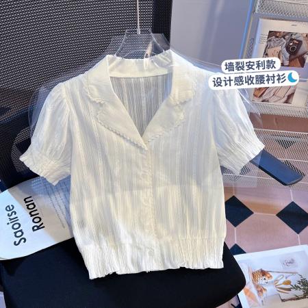 BY21172# 白色V领短袖衬衫女夏新款收腰设计感法式蕾丝边短款上衣 服裝批發女裝批發服飾貨源
