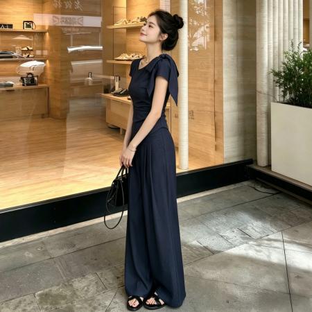 BY21173# 夏季气质减龄高级感收腰蝴蝶结短袖上衣高腰阔腿裤通勤两件套装女 服裝批發女裝批發服飾貨源