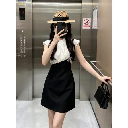 BY21175# 高智感气质御姐假两件连衣裙女装夏季新款通勤小众收腰短裙子 服裝批發女裝批發服飾貨源