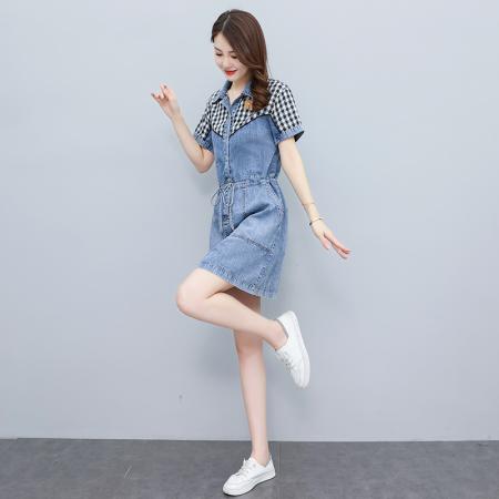BY21181# 时尚拼接复古牛仔连衣裙女夏季新款宽松减龄遮肉显瘦大码裙子 服裝批發女裝批發服飾貨源