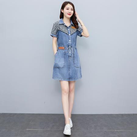 BY21181# 时尚拼接复古牛仔连衣裙女夏季新款宽松减龄遮肉显瘦大码裙子 服裝批發女裝批發服飾貨源