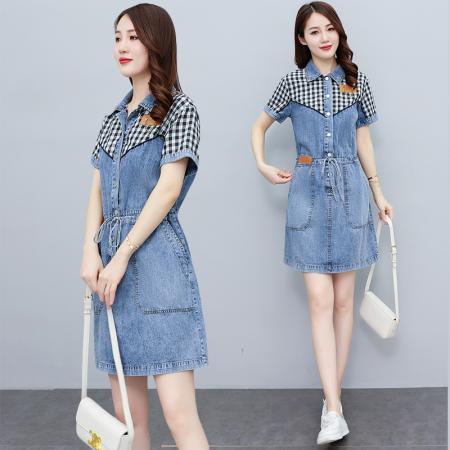 BY21181# 时尚拼接复古牛仔连衣裙女夏季新款宽松减龄遮肉显瘦大码裙子 服裝批發女裝批發服飾貨源