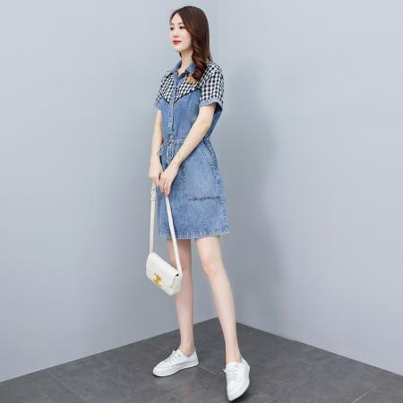BY21181# 时尚拼接复古牛仔连衣裙女夏季新款宽松减龄遮肉显瘦大码裙子 服裝批發女裝批發服飾貨源